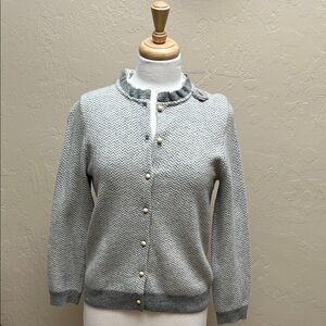 J. Crew Gray Herringbone Cardigan with Ruffle Trim - Size M
